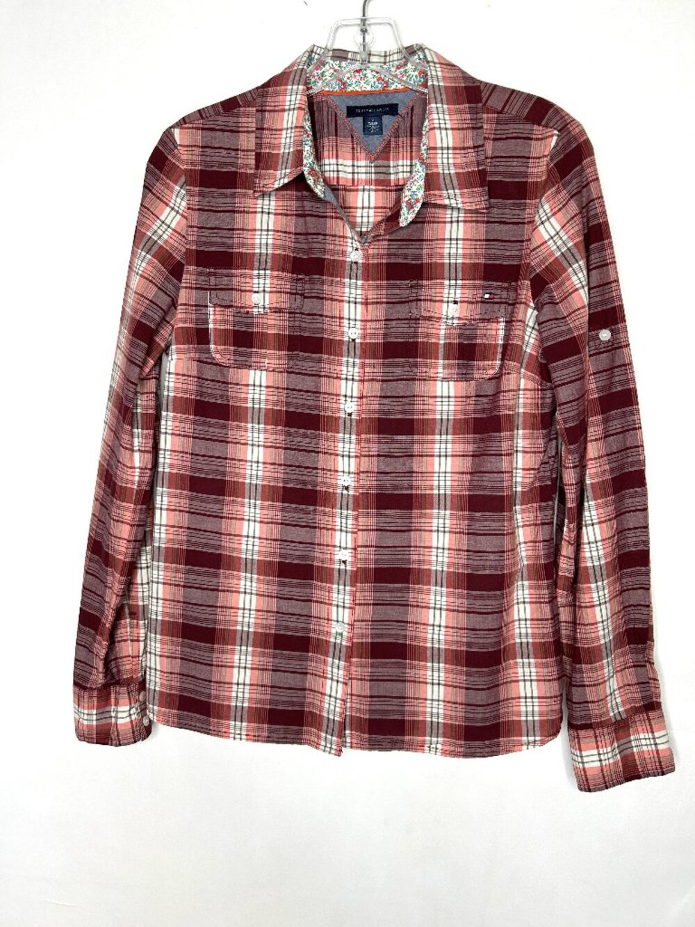 Tommy Hilfiger Women’s Top sz M Coral Plaid Roll-Tab-Sleeve Button Down Blouse